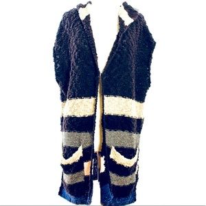 FREE PEOPLE Stripped Hooded Chunky Knit Open Sweater Long Cardigan Vest Poncho